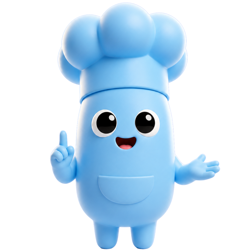 Chef Blue, the friendly light-blue chef-hat mascot